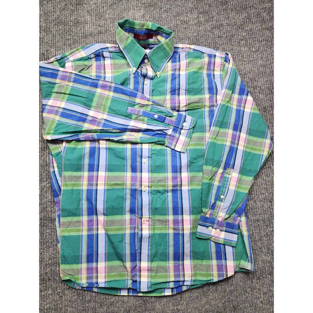 Alan Flusser Weekend Mens Large Green Blue Plaid Cotton Button Down Shirt L